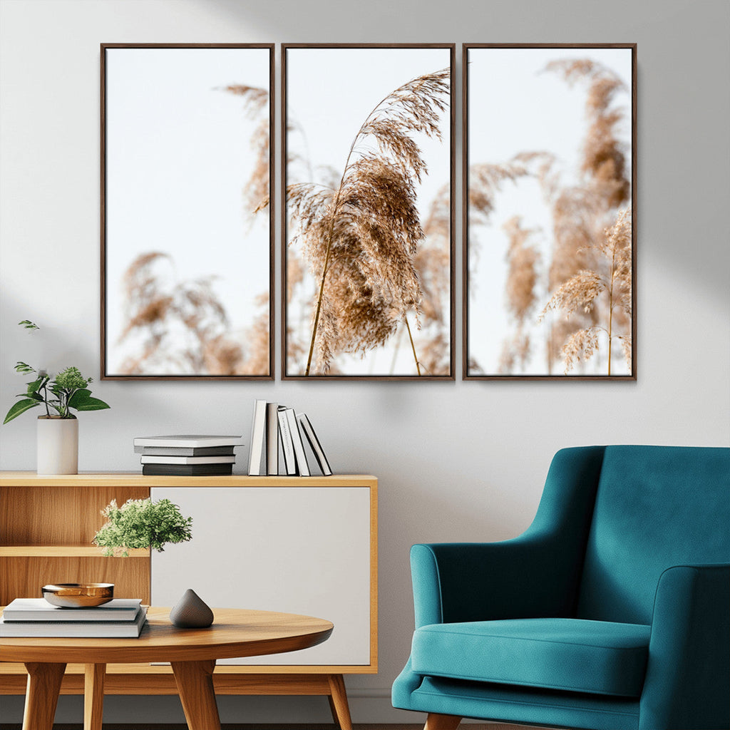 Pampas Grass Wall Art Canvas Print, Framed Neutral Tones Minimalist Boho