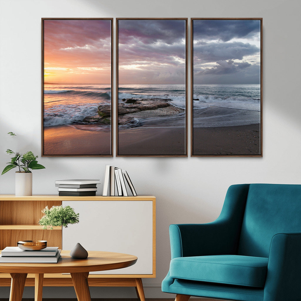 Golden Hour Wall Art Canvas Print, Framed Tranquil Waves Beach Sunset