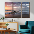 Golden Hour Wall Art Canvas Print, Framed Tranquil Waves Beach Sunset