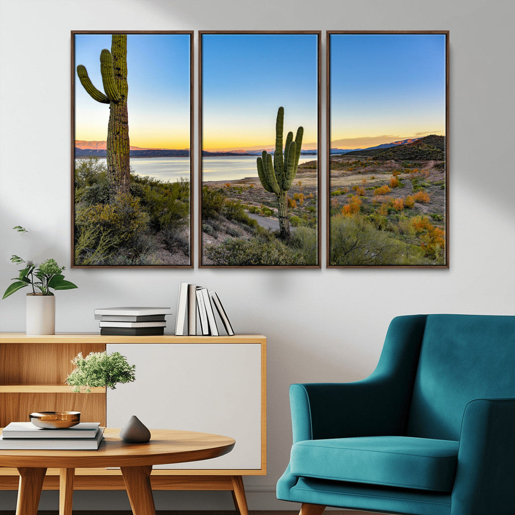 Saguaro Cactus Wall Art Canvas Print, Framed Desert Sunset Southwestern
