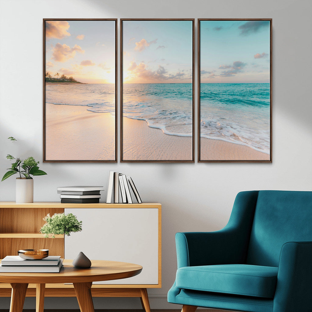 Beach Sunset Wall Art Canvas Print, Framed Ocean Waves Summer Escape