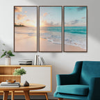 Beach Sunset Wall Art Canvas Print, Framed Ocean Waves Summer Escape