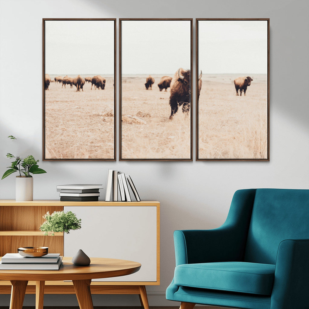 Bison Herd Wall Art Canvas Print, Framed Western Prairie Serenity
