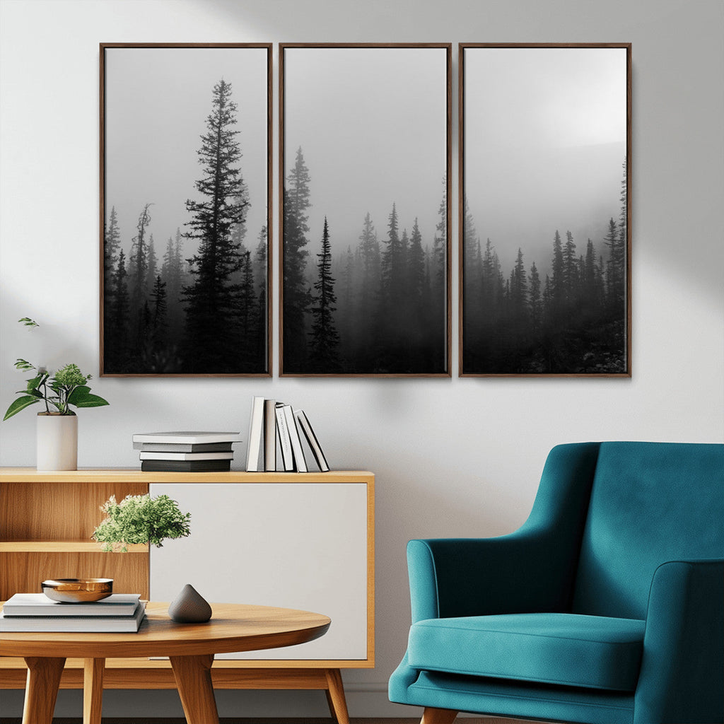 Misty Pines Wall Art Canvas Print, Framed Woodland Minimalist Black and White