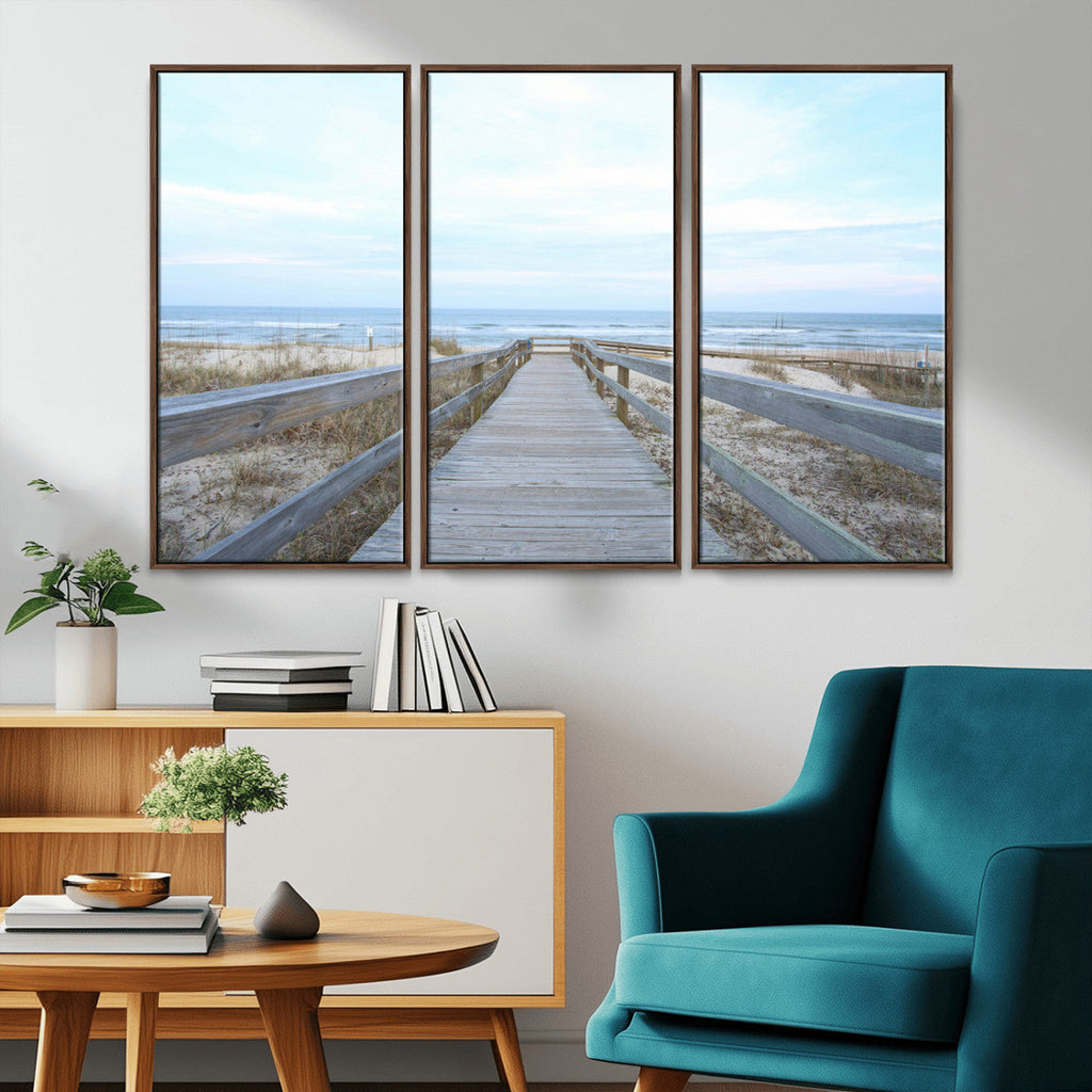 Beach Boardwalk Wall Art Canvas Print, Framed Coastal Serenity Ocean View