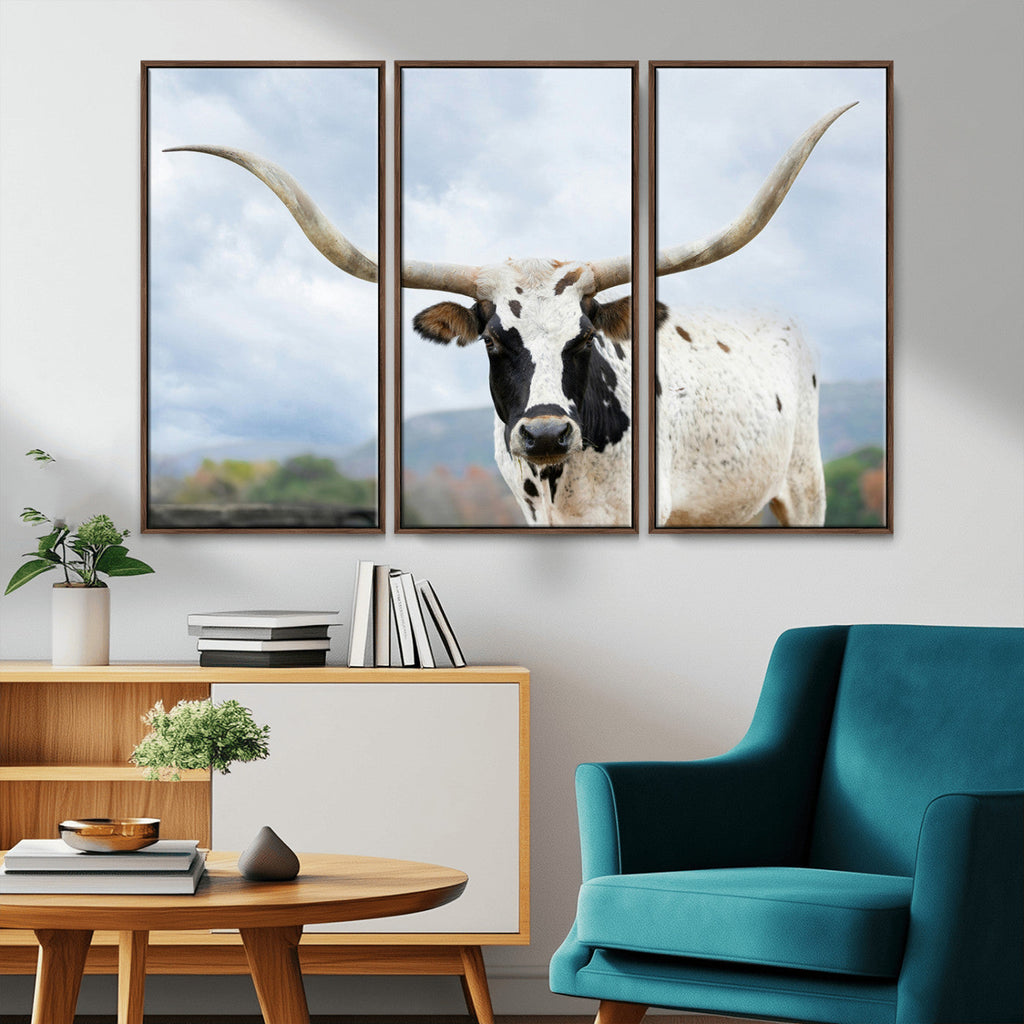Texas Longhorn Wall Art Canvas Print, Framed Western Rustic Farmhouse