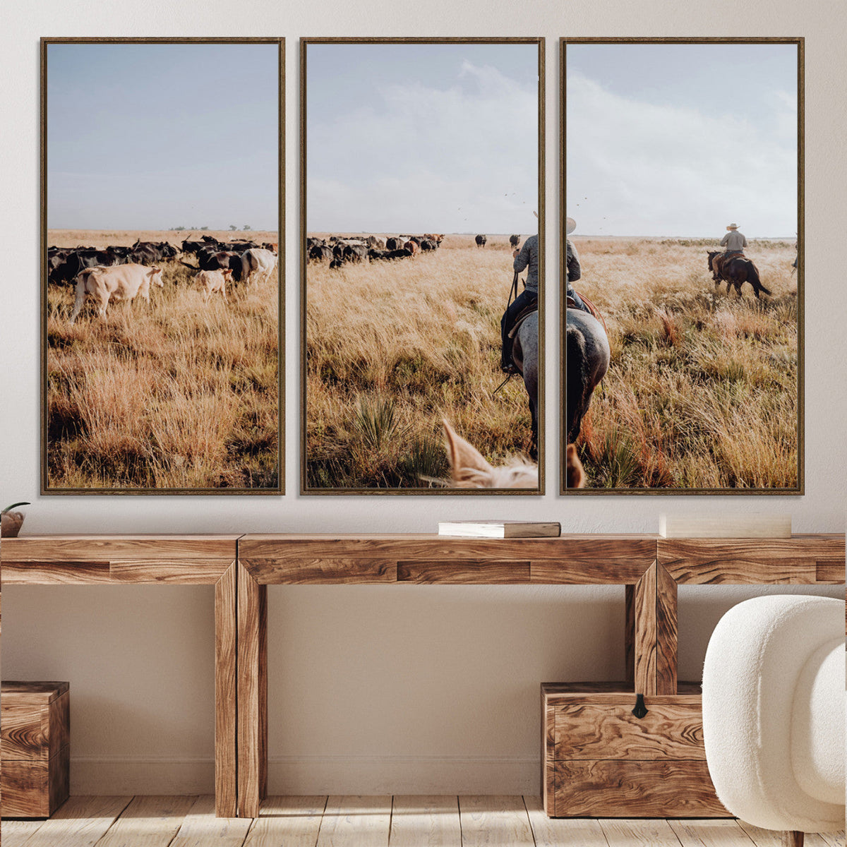 Western Wall Art Canvas Print, Framed Cowboy Cattle Drive Scene