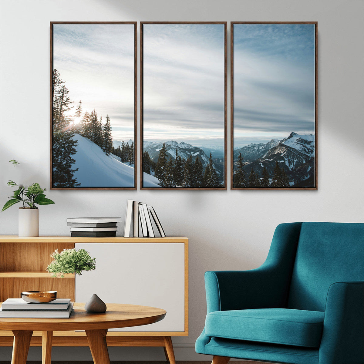Snowy Mountains Wall Art Canvas Print, Framed Alpine Landscape Frosty Peaks Artwork