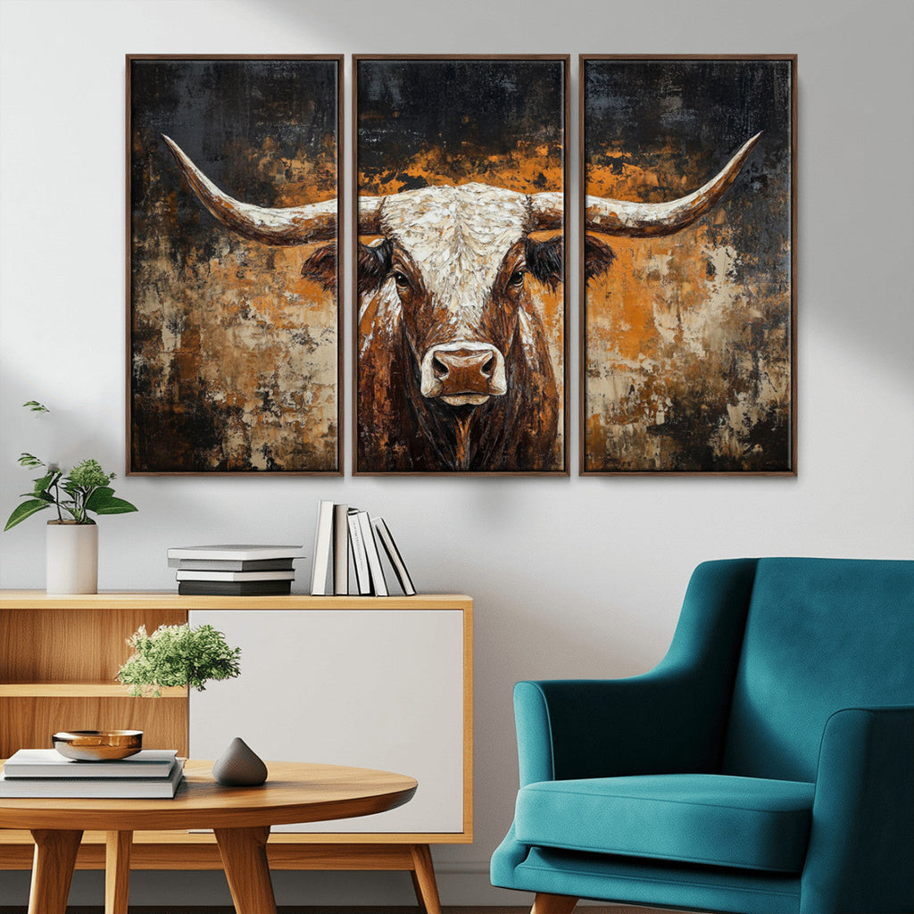 Abstract Longhorn Bull Wall Art Canvas Print, Vintage Western Texas Steer Artwork
