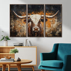 Abstract Longhorn Bull Wall Art Canvas Print, Vintage Western Texas Steer Artwork