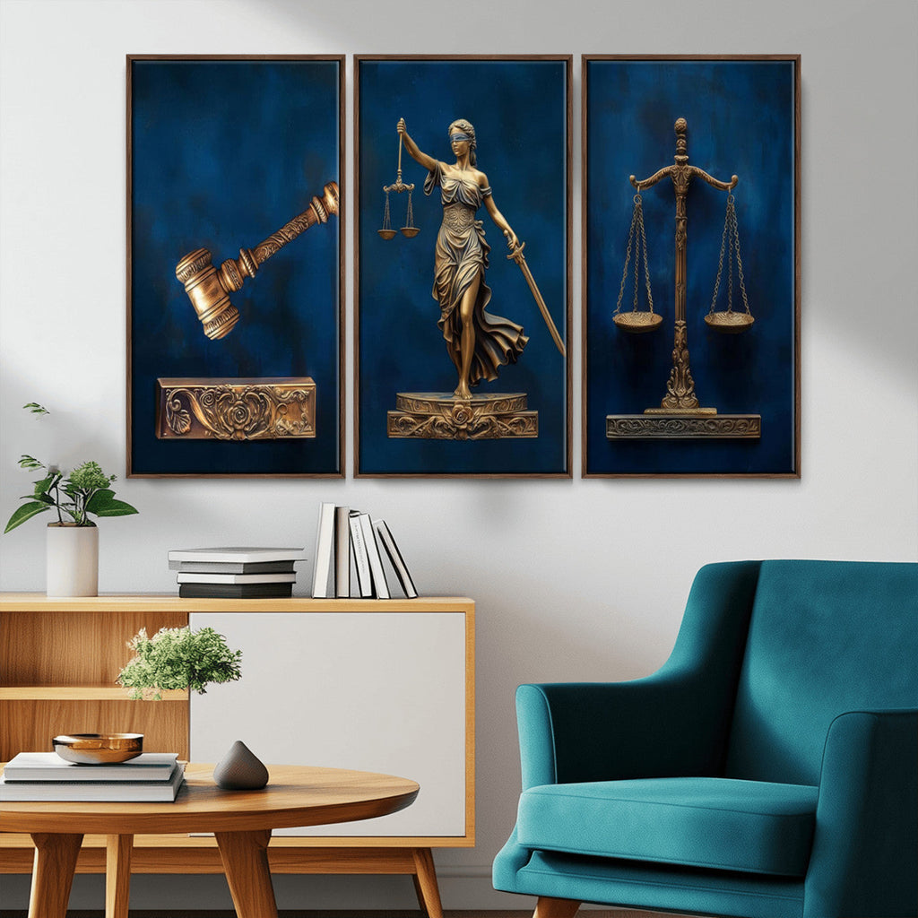 Lady Justice Wall Art Canvas Print, Elegant Gold Legal Symbols on Blue, Law Office Decor