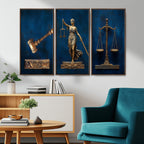 Lady Justice Wall Art Canvas Print, Elegant Gold Legal Symbols on Blue, Law Office Decor