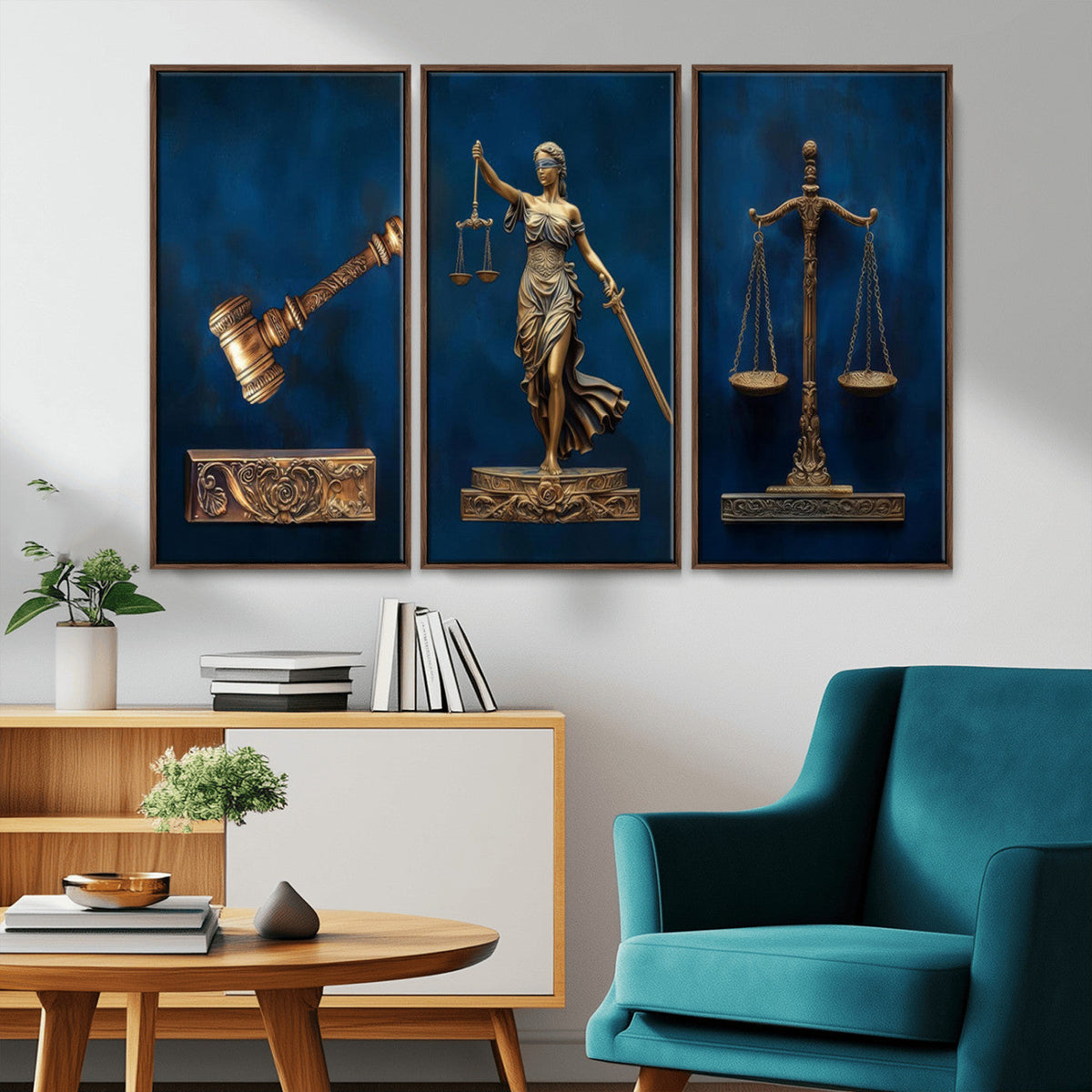 Lady Justice Wall Art Canvas Print, Elegant Gold Legal Symbols on Blue, Law Office Decor