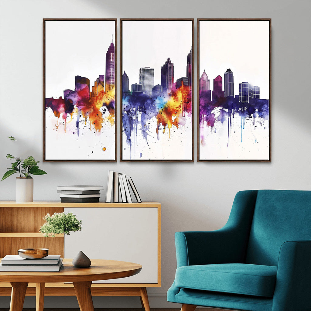 Atlanta Skyline Wall Art Canvas Print, Framed Colorful Watercolor Cityscape
