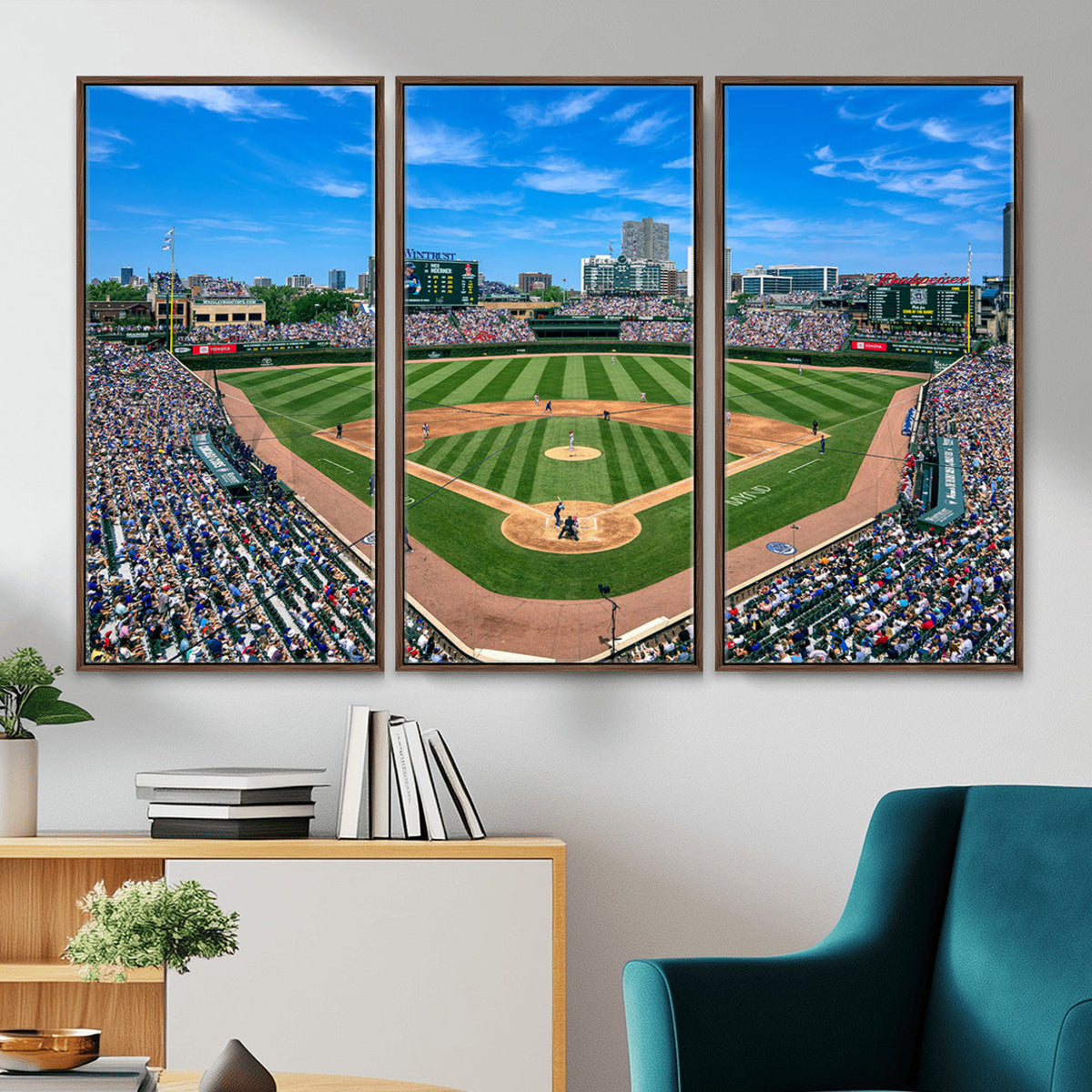 Wrigley Field Baseball Stadium Canvas Wall Art, Packed Crowd and Chicago Skyline