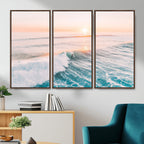 Sunset Surfing Wall Art Canvas Print, Ocean Wave Surfer with Golden Sky