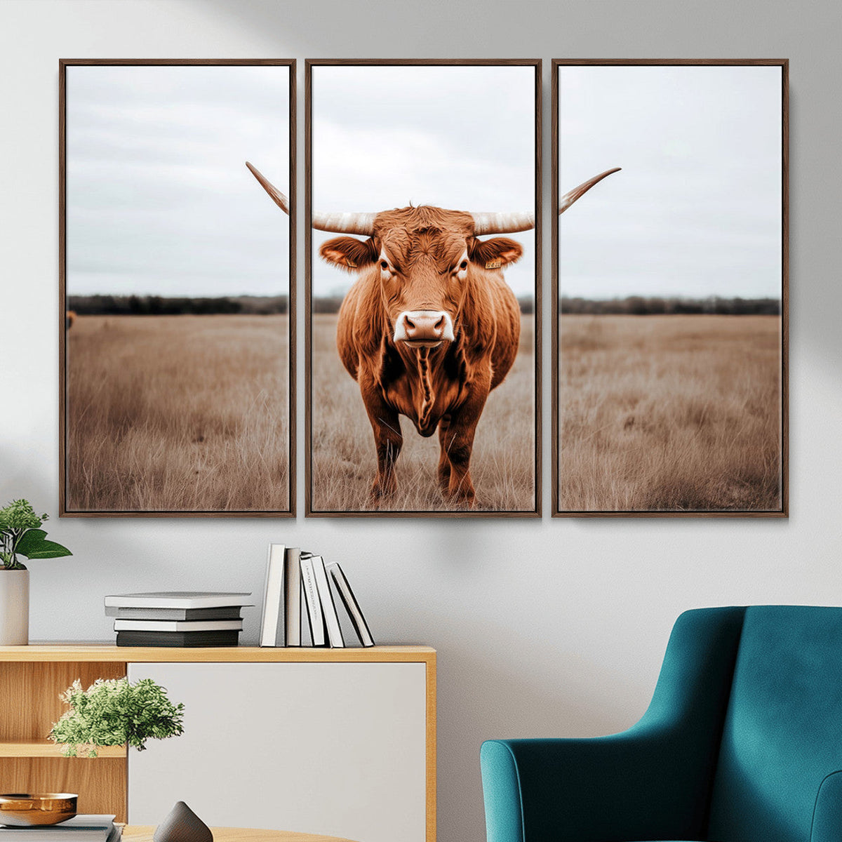 Longhorn Bull Wall Art Canvas Print, Framed Rustic Decor
