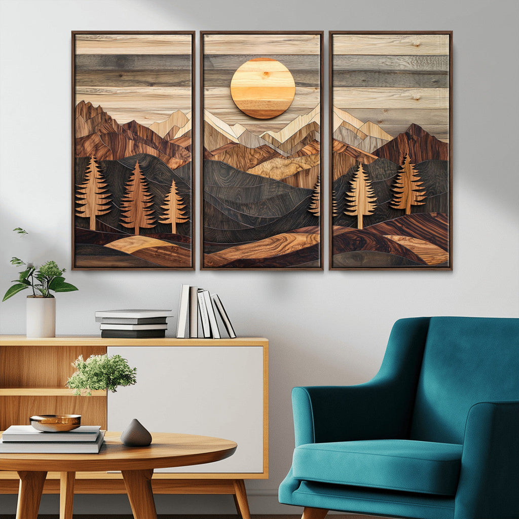 Wooden Mountain Layers Art | Rustic Pine Tree Landscape