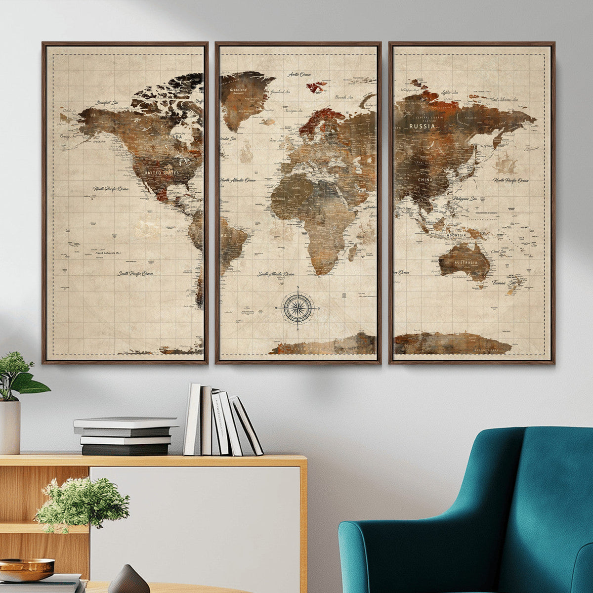 Vintage World Map Wall Art Canvas Print for Living Room, Office and Study