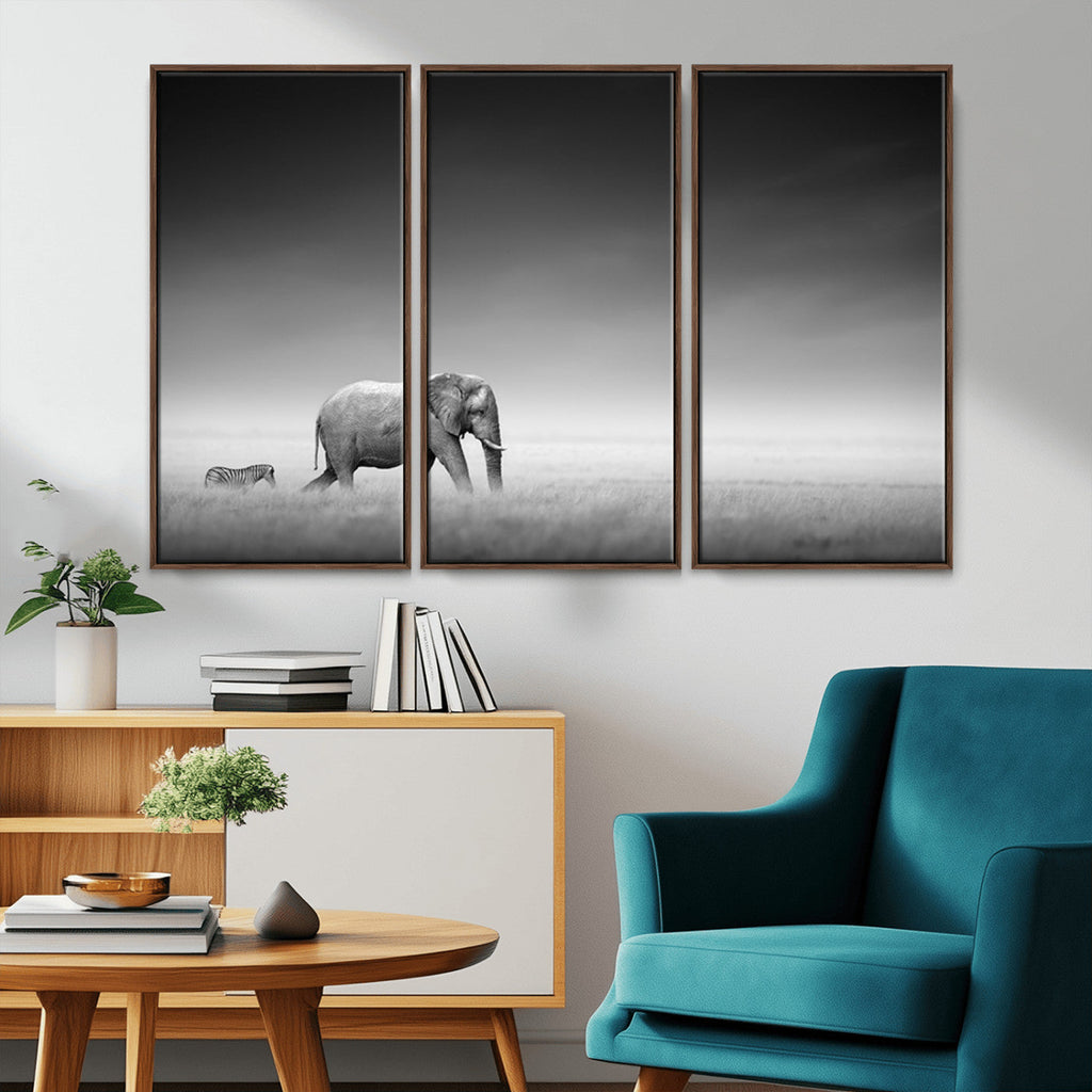Elephant and Zebra Wall Art Canvas Print, Modern Artwork