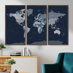 Blue Detailed World Map Wall Art Canvas Print | Modern Framed Map