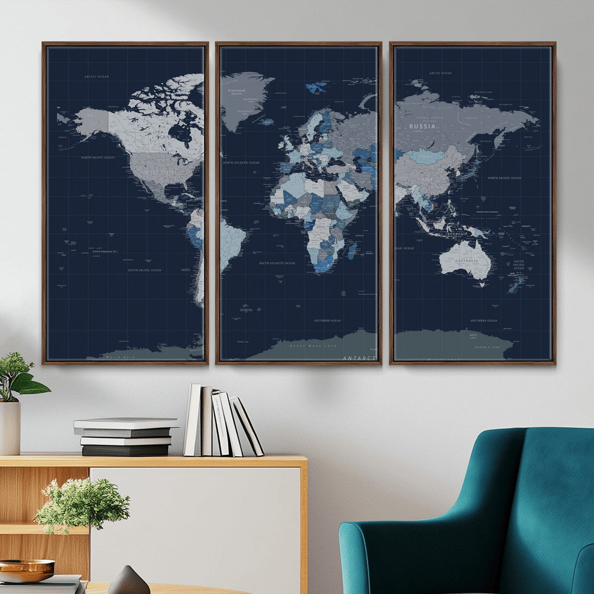 Blue Detailed World Map Wall Art Canvas Print | Modern Framed Map