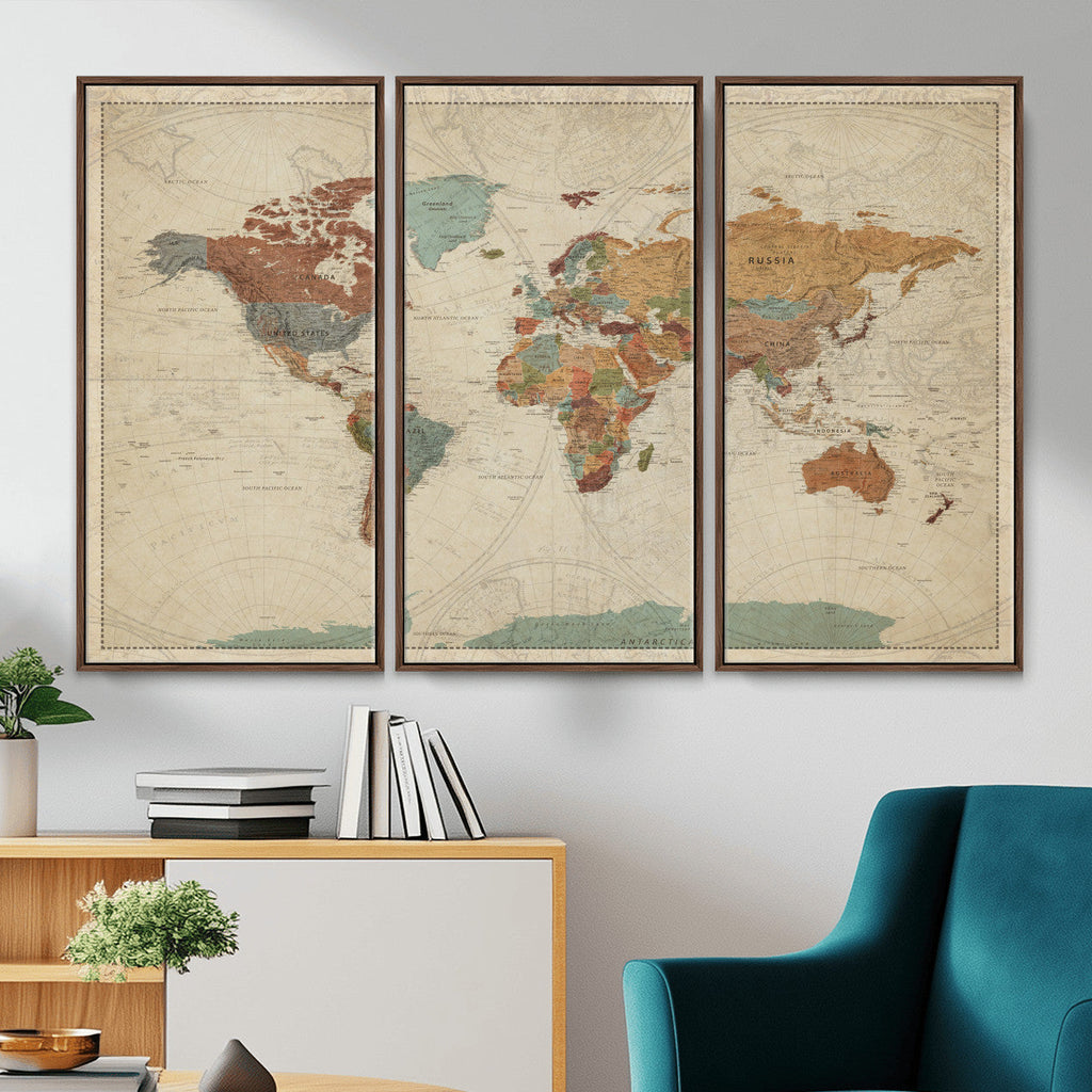 Vintage World Map Canvas Wall Art Print | Framed Modern World Map