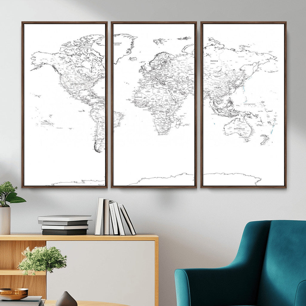 World Map Canvas Print, Framed Modern Detailed Map of the World for Home or Office