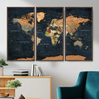 Vintage World Map Canvas Wall Art | Detailed Map with Countries, Oceans and Continents