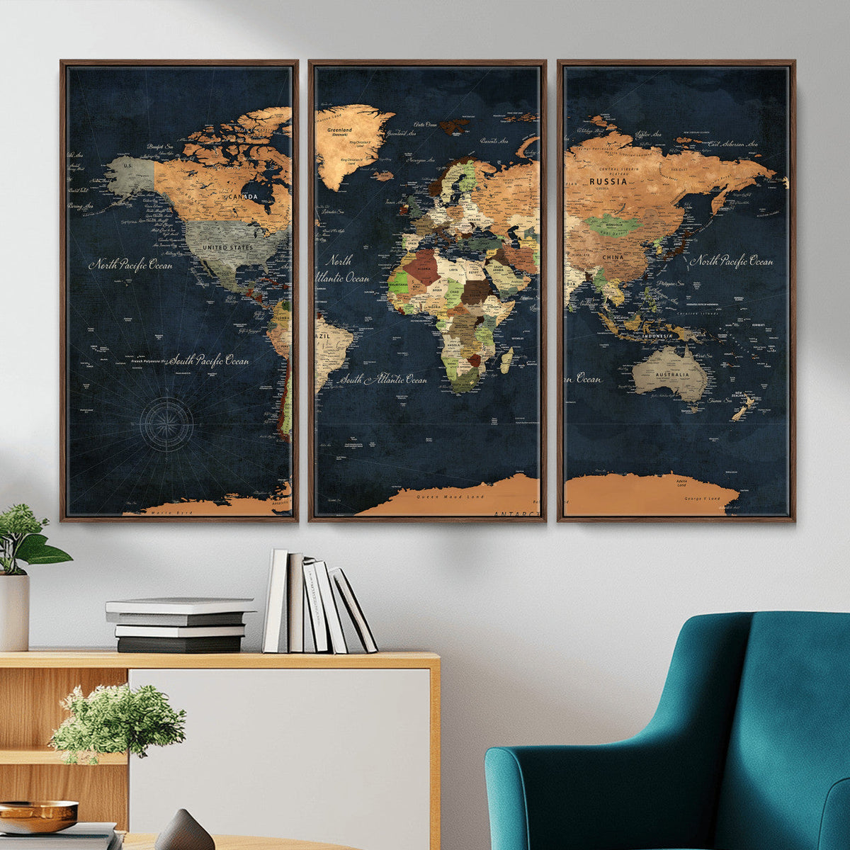 Vintage World Map Canvas Wall Art | Detailed Map with Countries, Oceans and Continents