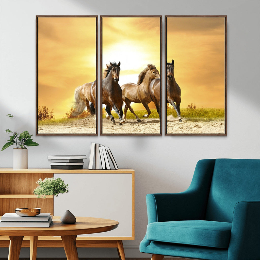 Wild Horses Wall Art Canvas Print, Framed Galloping Herd