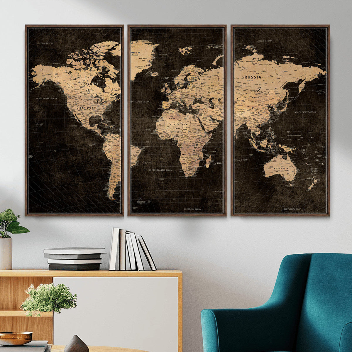 Brown World Map Canvas Print | Modern Travel Map Wall Art