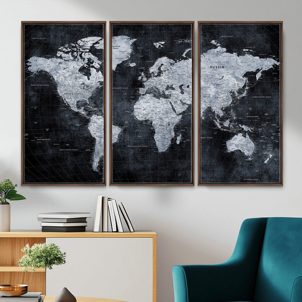 Black World Map Canvas Print | Detailed Map for Couples and Anniversary Gift