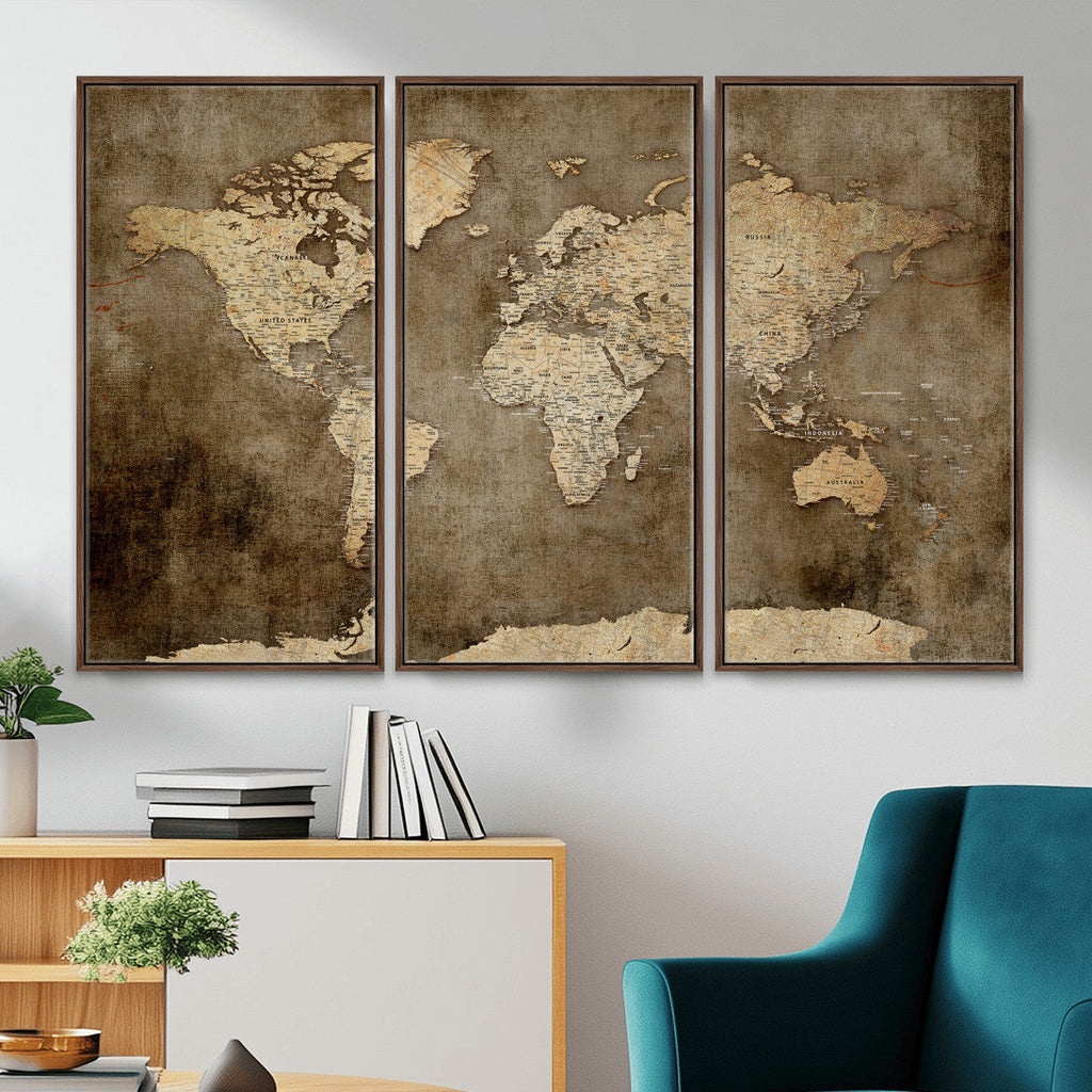 Dark Vintage World Map Canvas Wall Art Print, Antique Map Artwork