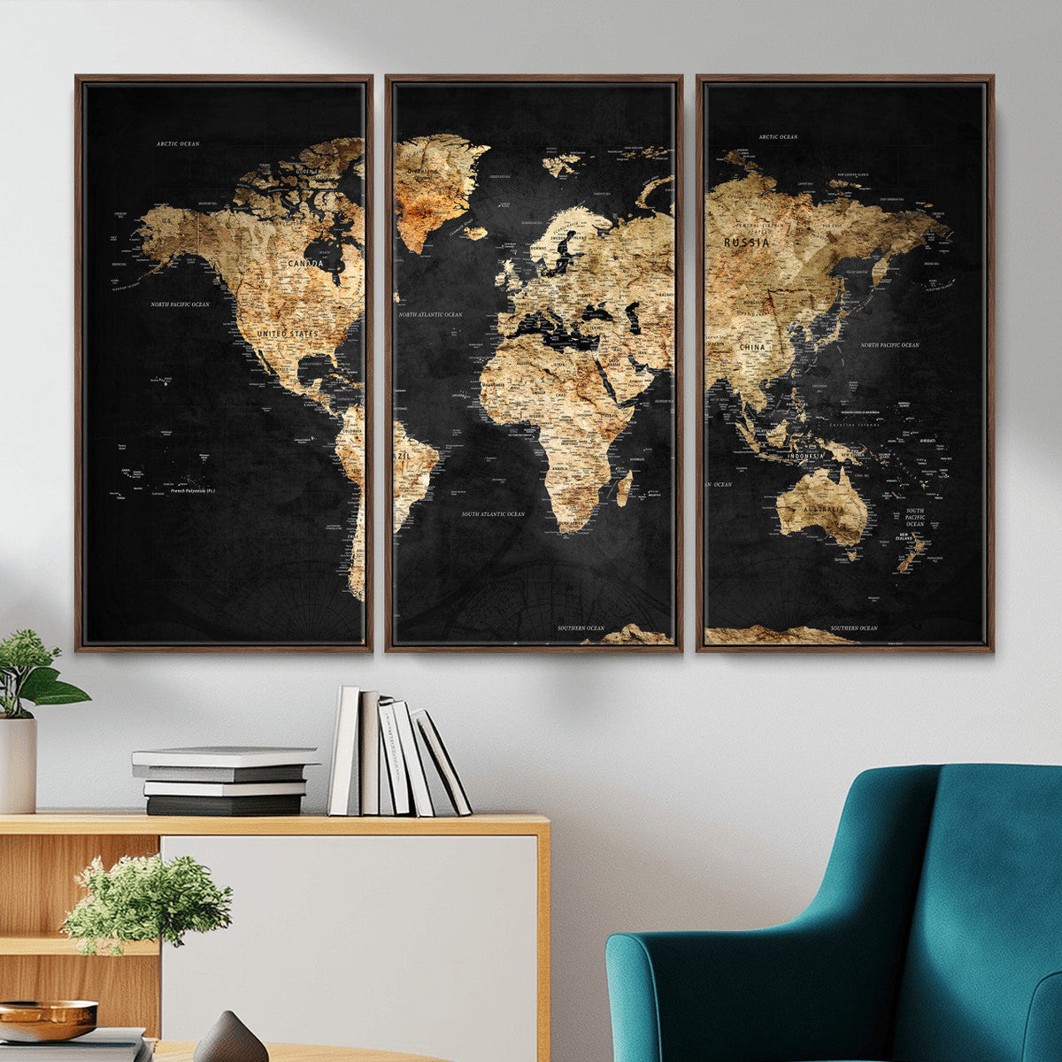 World Map Canvas Wall Art with Famous Landmarks | Framed Travel Map