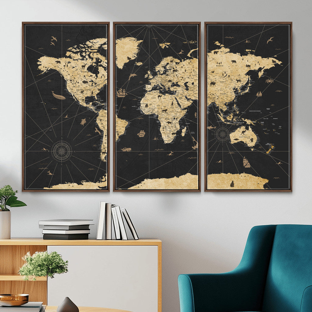 Vintage Blue and Brown World Map Canvas Wall Art | Framed Rustic Map Print