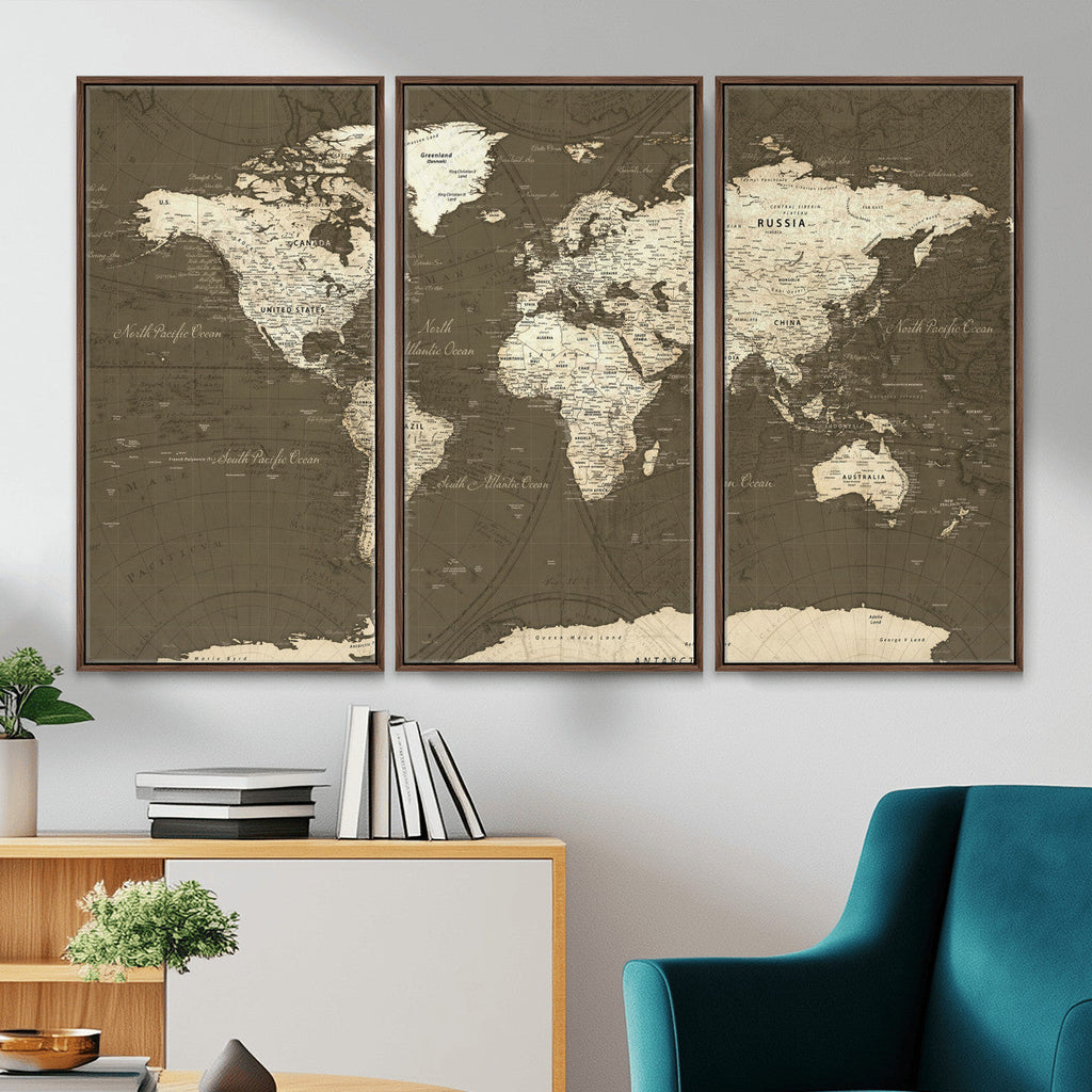 Vintage World Map Canvas Print | Framed Travel Map Wall Art for Couples