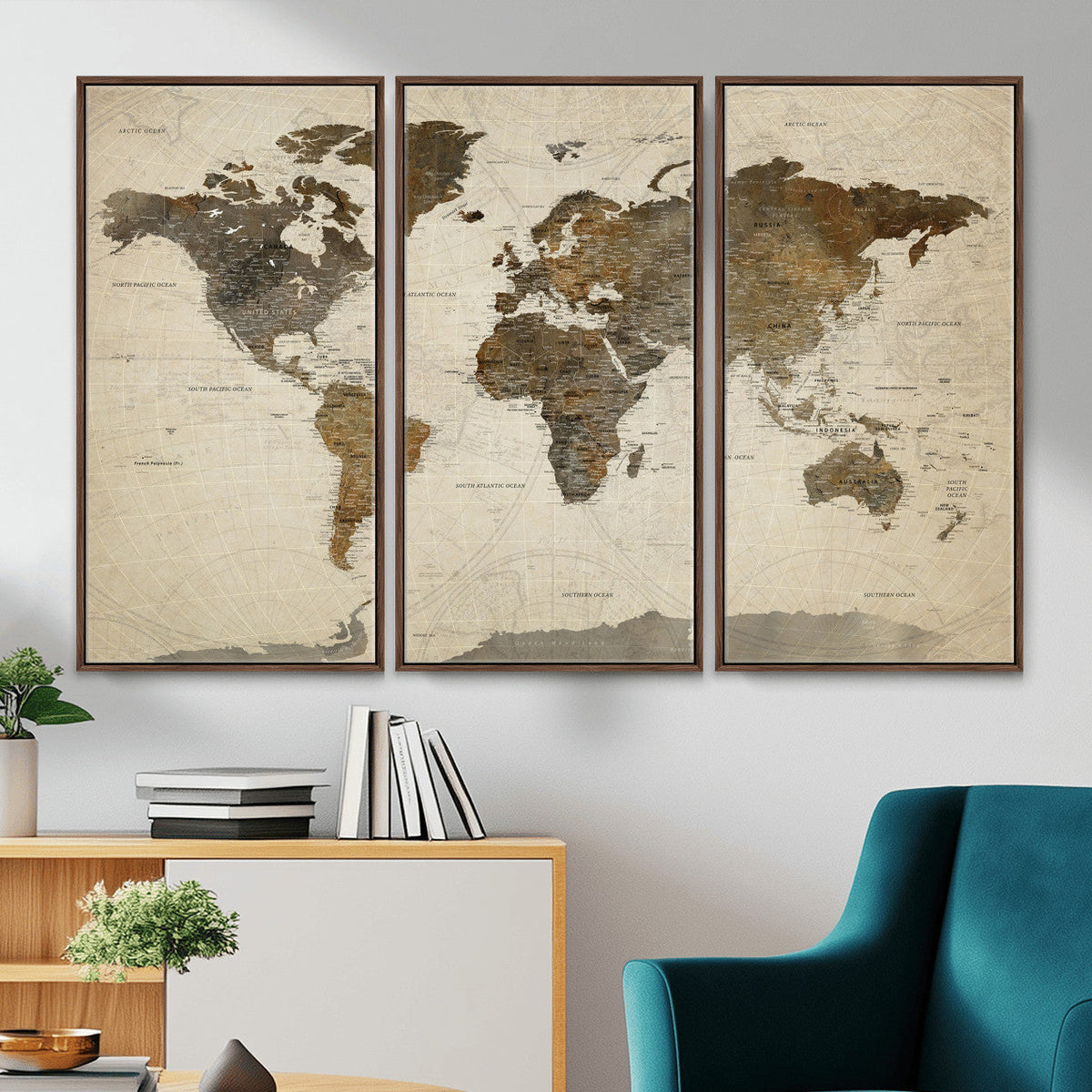 Vintage World Map Canvas Wall Art | Framed Antique Style Travel Map