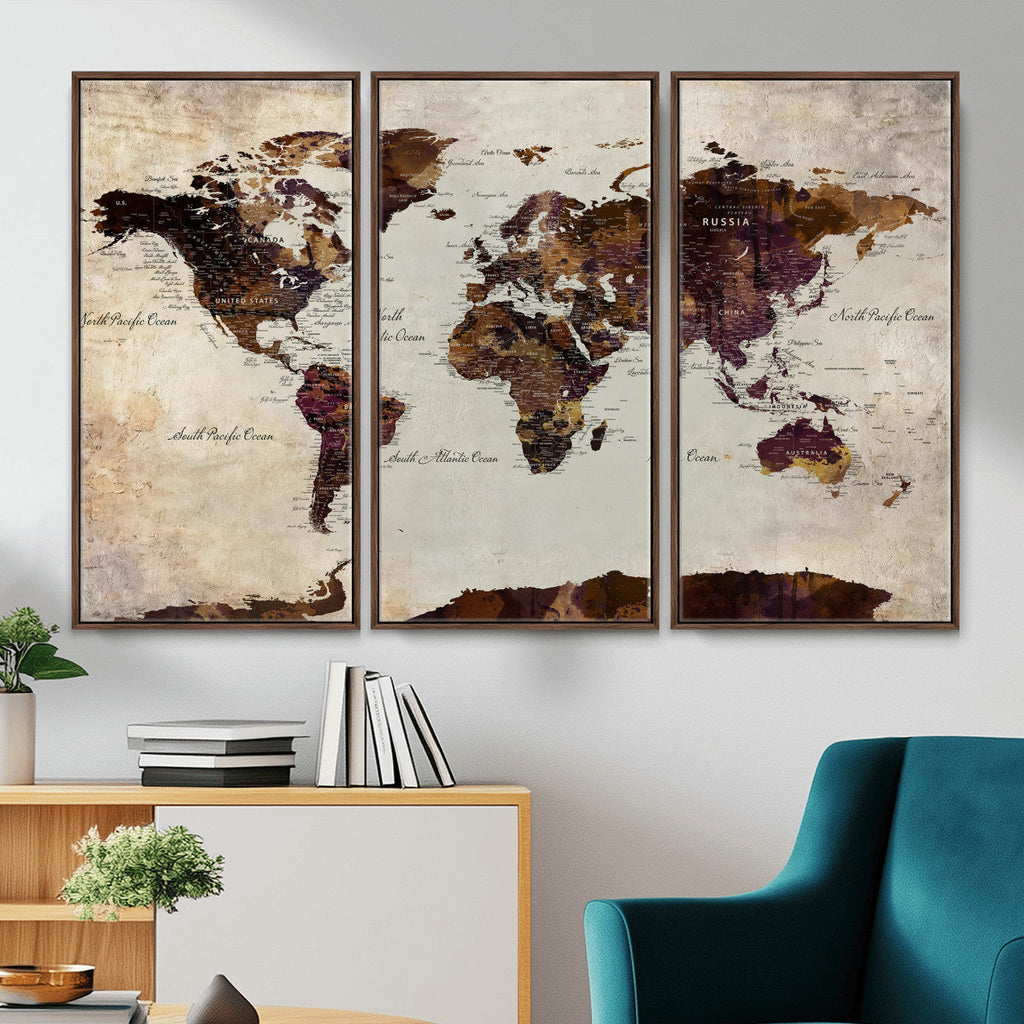 World Map Canvas Triptych | Colorful Global Wall Art for Living Rooms