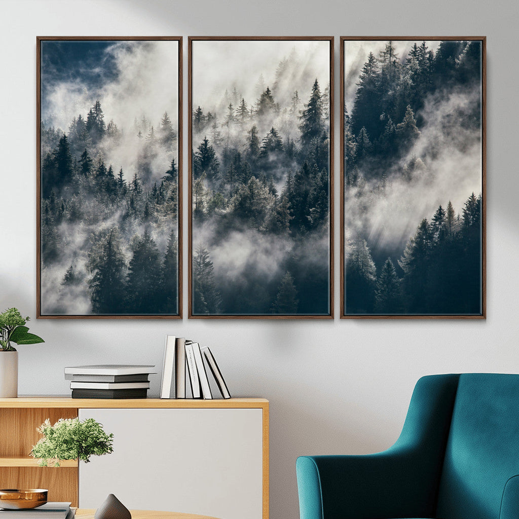 Foggy Mountain Forest Canvas Print, Misty Pine Trees Nature Wall Art