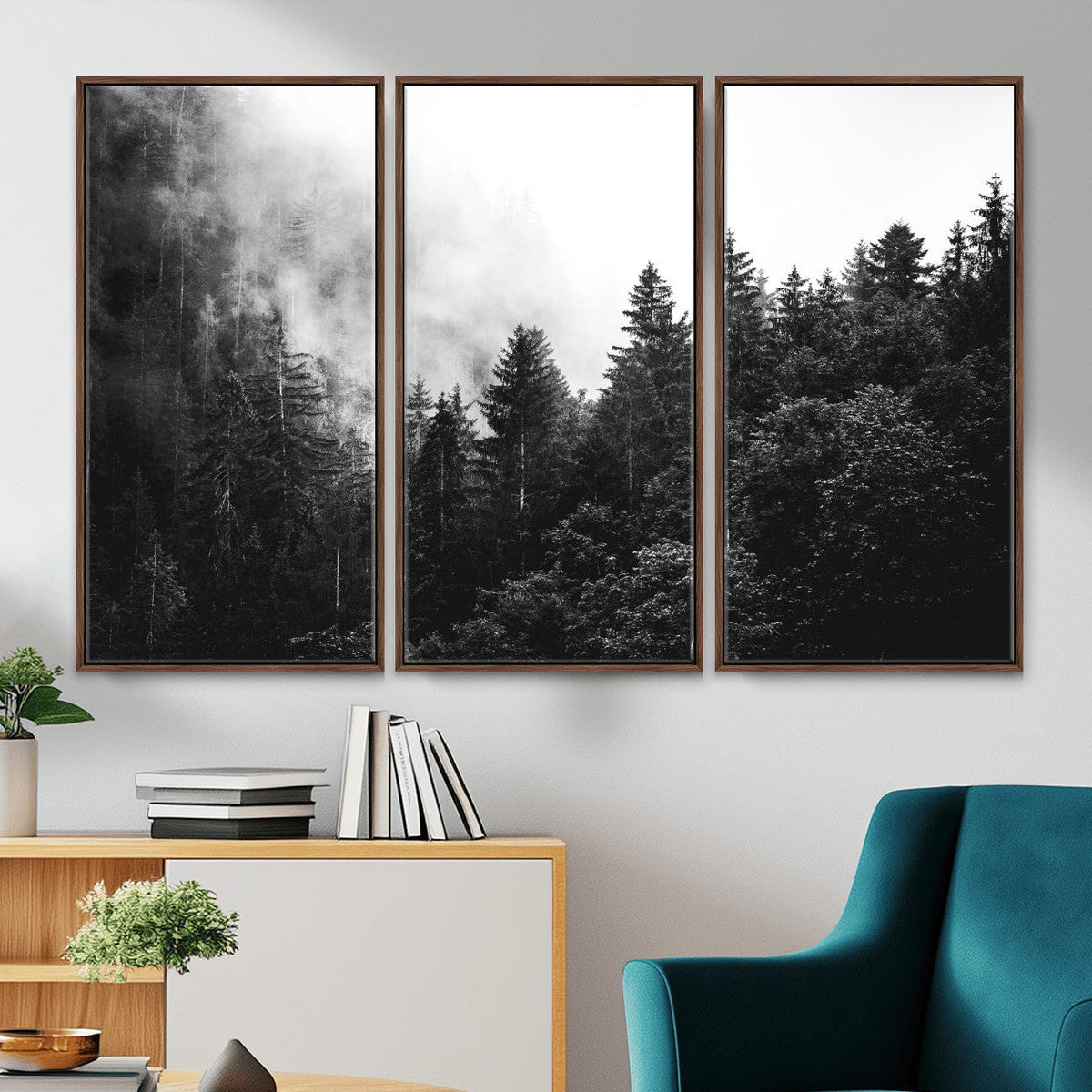Black White Forest Wall Art Canvas Print, Misty Pine Tree Landscape
