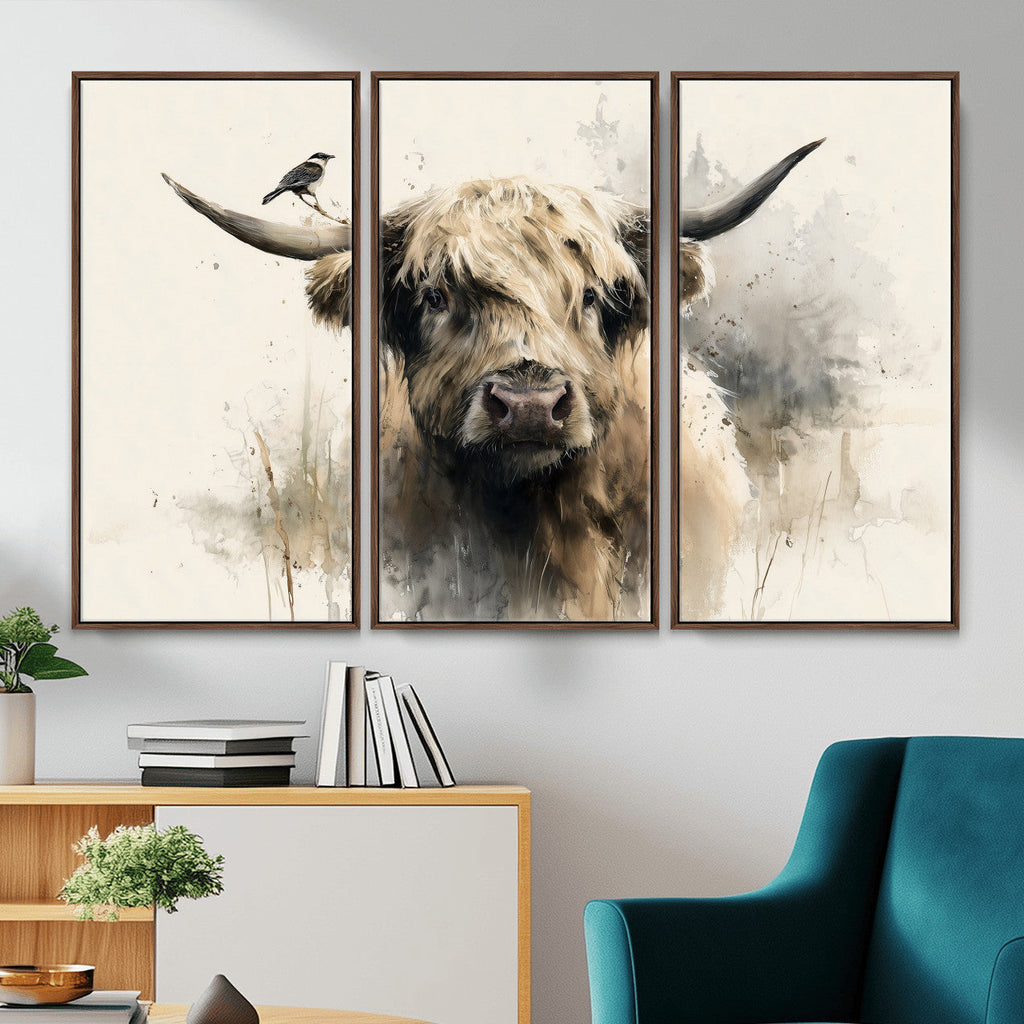 Abstract Highland Cow Wall Art Canvas Print, Rustic Farm Cattle Portrait