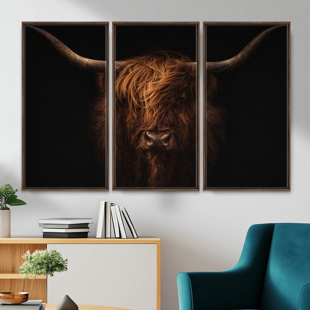 Highland Cow Wall Art Canvas Print | Moody Dark Rustic Farmhouse Portrait