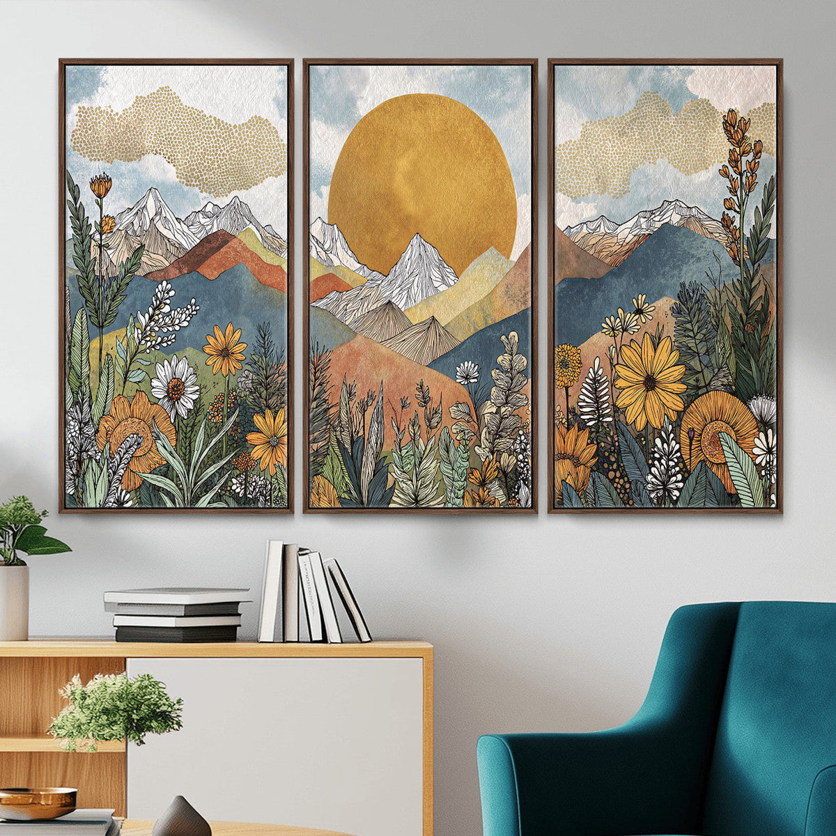 Boho Mountain Landscape Large Wall Art, Horizontal Gold Sun and Flowers Print