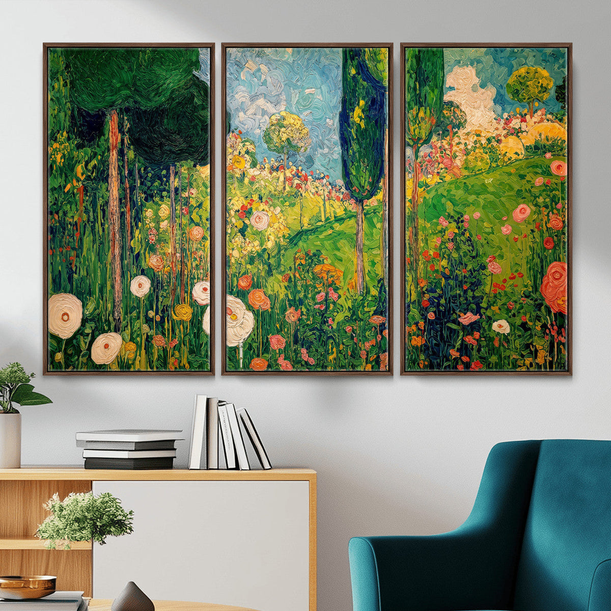 Gustav Klimt Boho Mountain Landscape Large Wall Art, Gold Sun and Flowers Print