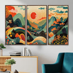 Yayoi Kusama Boho Mountain Landscape Large Wall Art, Gold Sun and Flowers Print