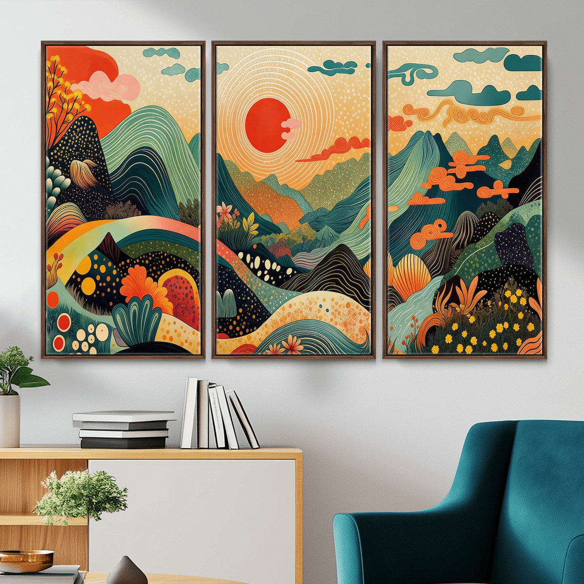 Yayoi Kusama Boho Mountain Landscape Large Wall Art, Gold Sun and Flowers Print