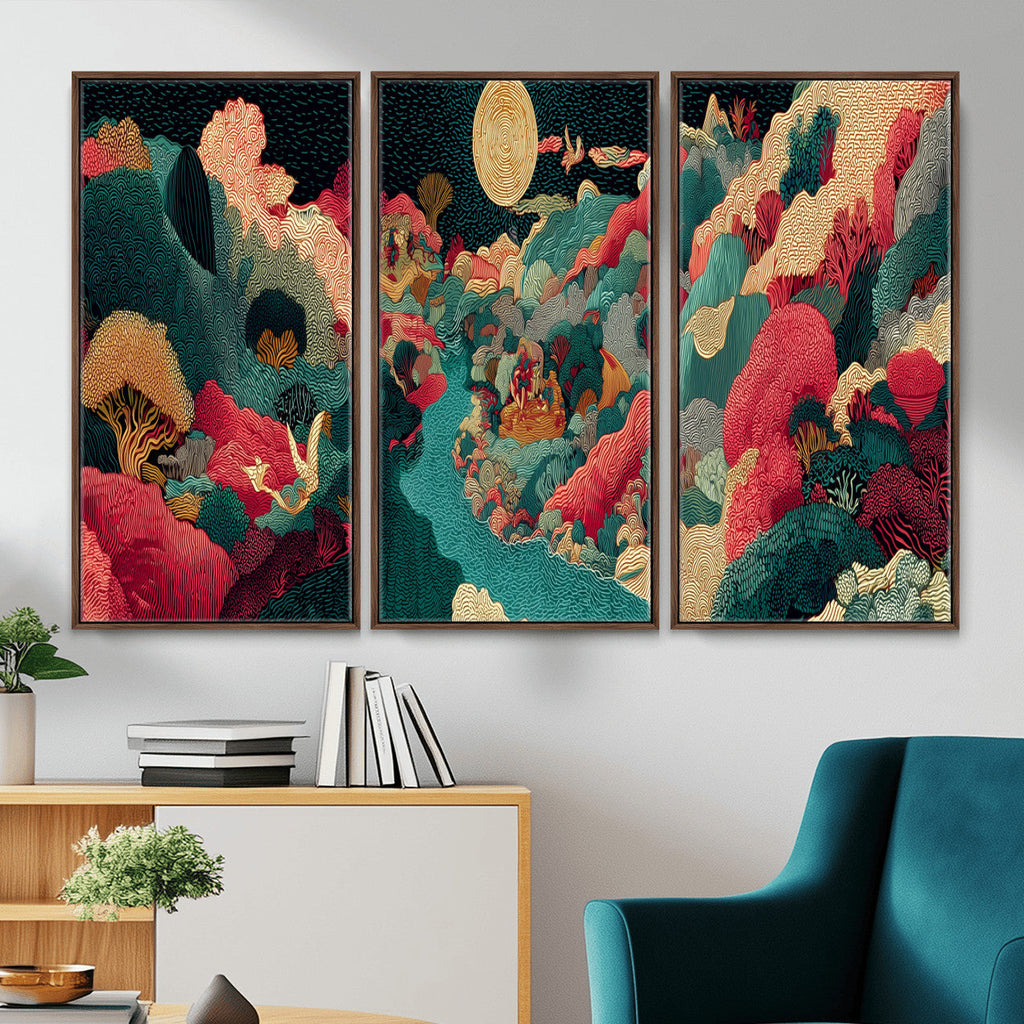 Colorful Japanese Landscape Print: Maximalist Panoramic Wall Art