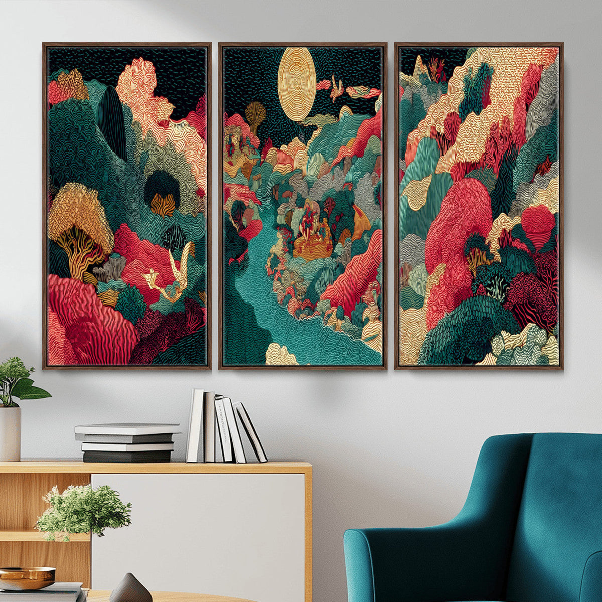 Colorful Japanese Landscape Print: Maximalist Panoramic Wall Art