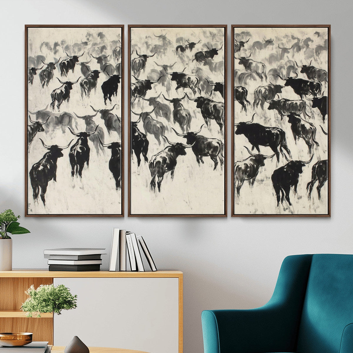 Longhorn Cattle Canvas Wall Art, Black White Stampede Ink